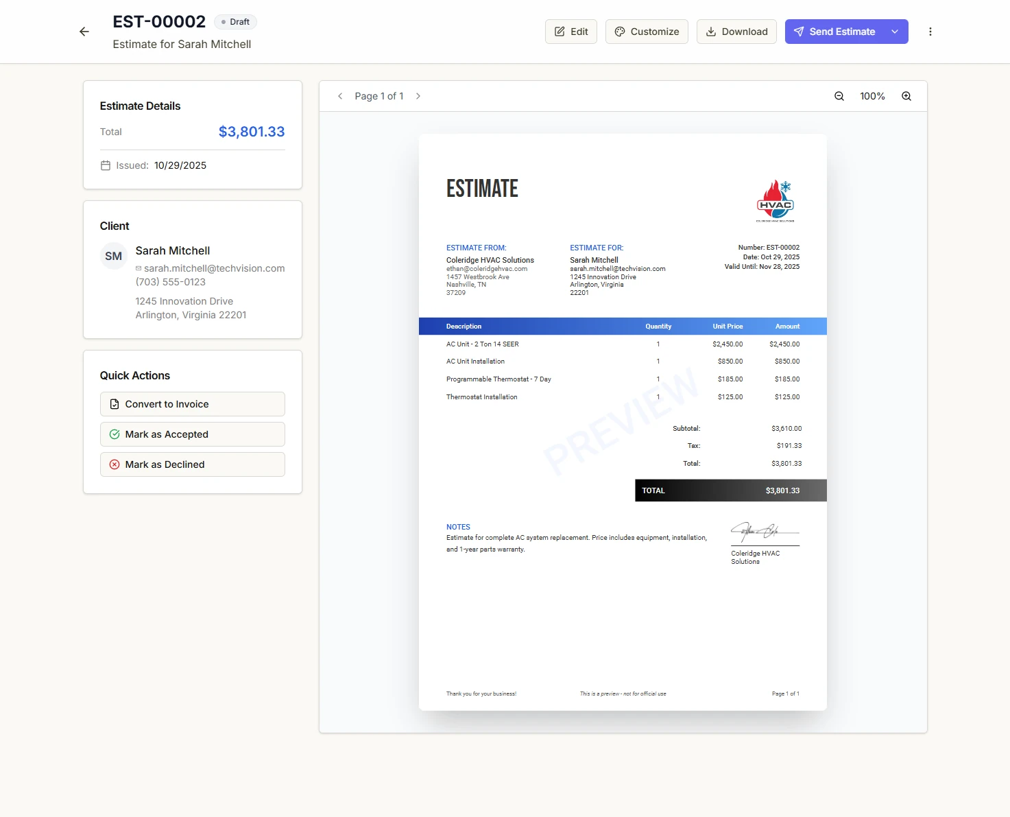 Estimate editor with client details
