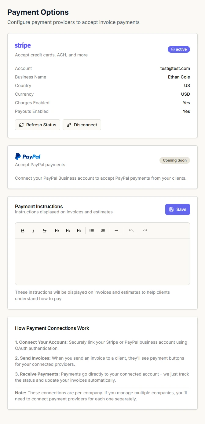 Payment options selection for invoices